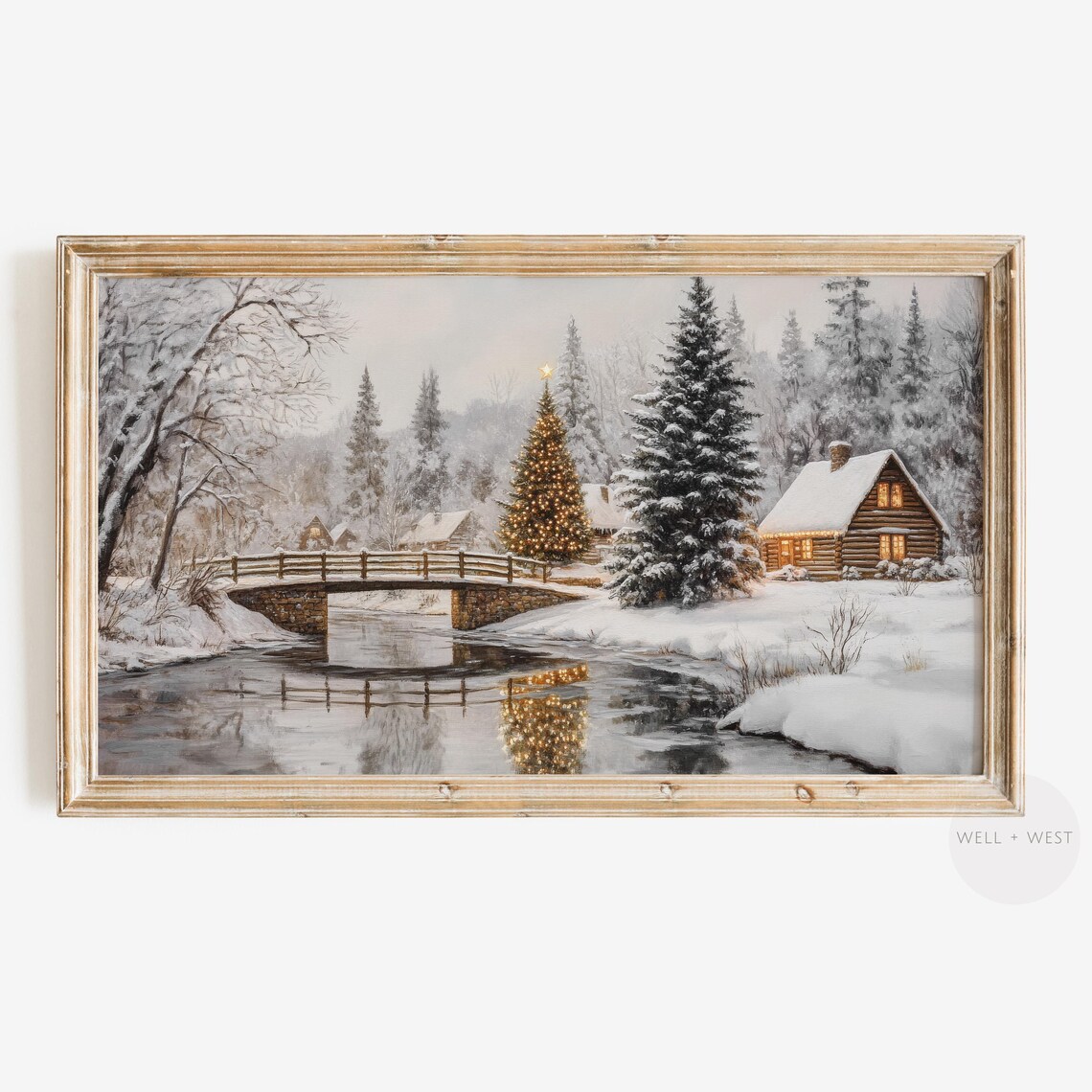 Cozy Winter Cabin Creek Bridge Christmas Tree Vintage Snow Wall Art