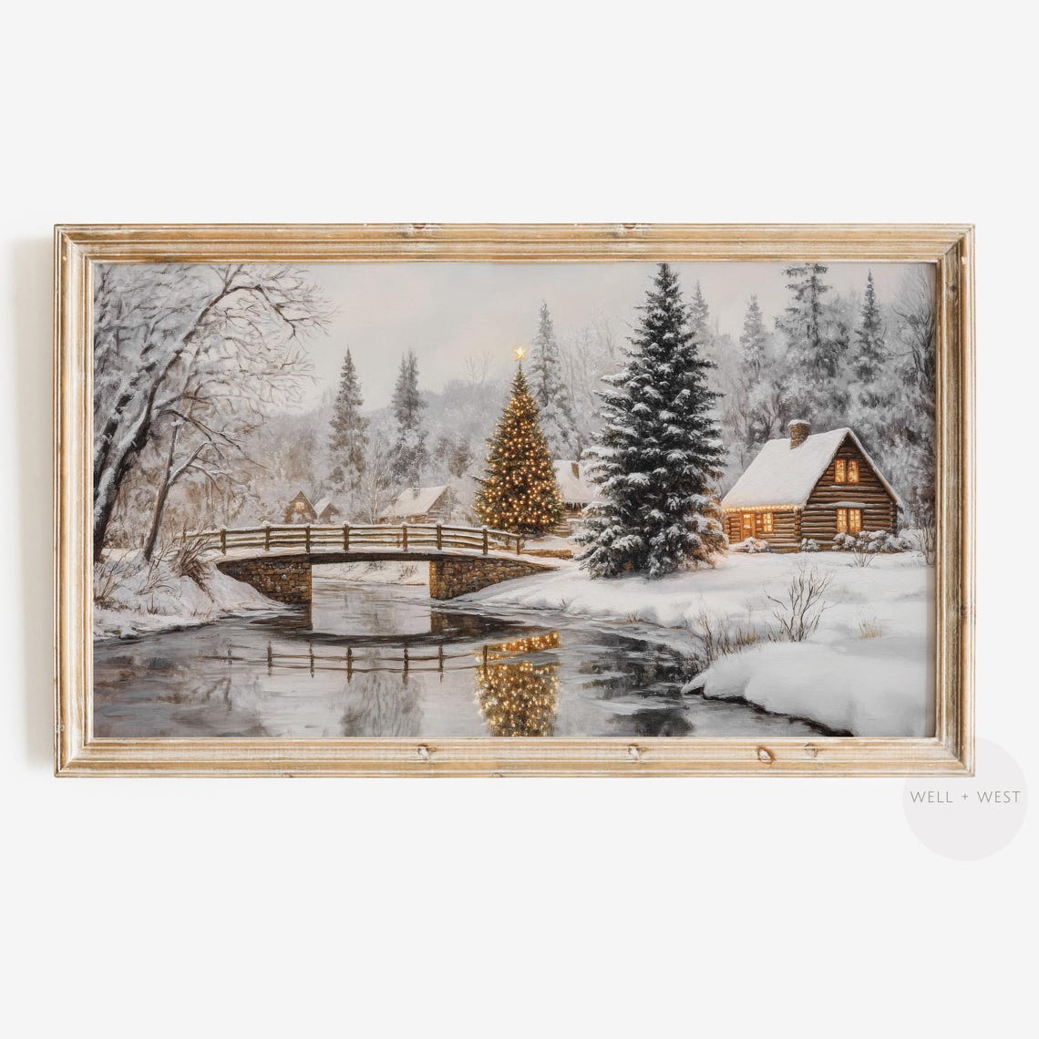 Cozy Winter Frame Tv Art Snowy Cabin Landscape Oil Painting Christmas Tree Tv Art Neutral Vintage Holiday Art Festivedecor Tv354