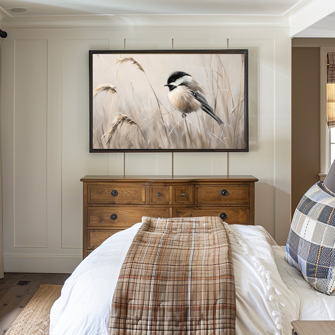 Chickadee Bird Wheat Field Vintage Rustic Farmhouse Bird Art Poster - Image 2