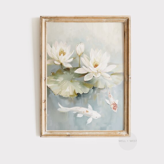 Koi Fish Print, Vintage Pastel Blue Botanical Art