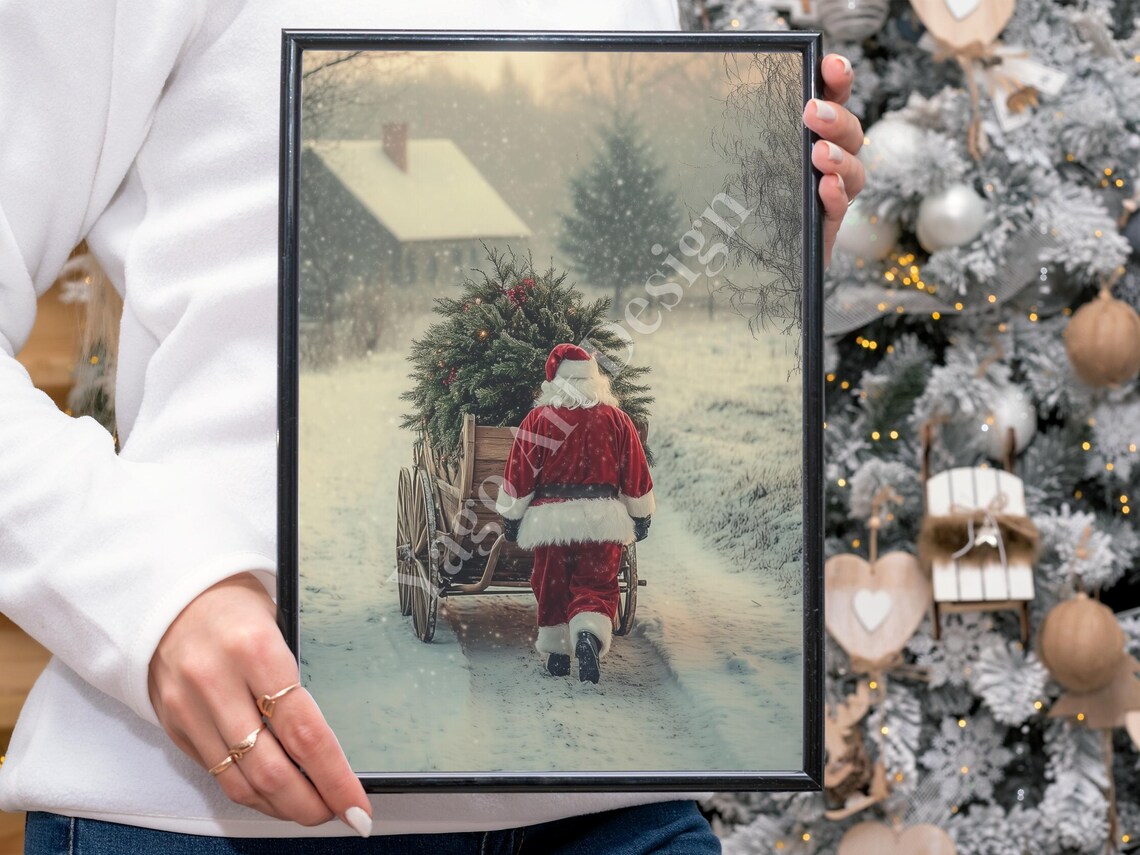Santa Hauling Christmas Tree in Snow Poster Vintage Winter Scene - Image 4