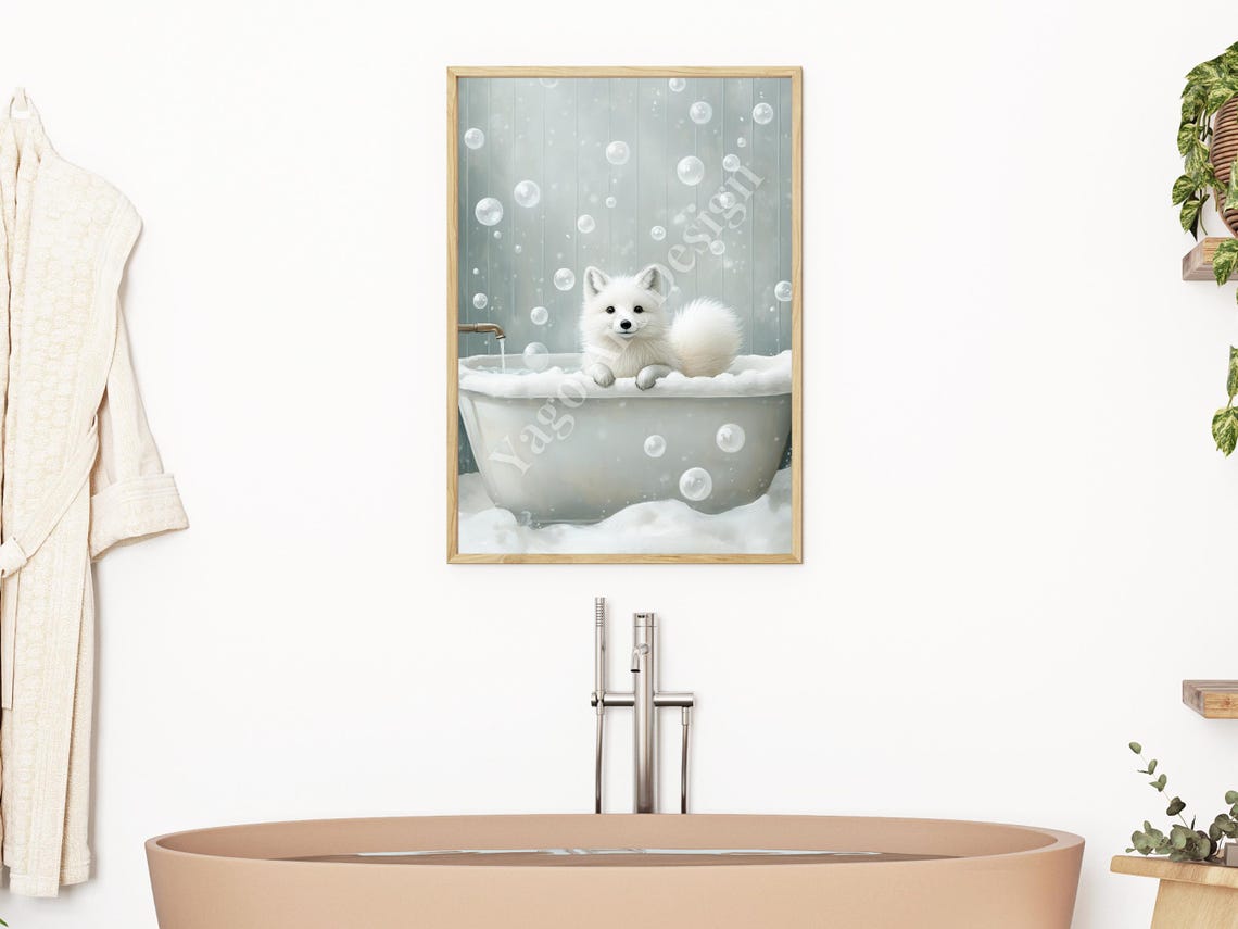 Arctic Fox Cub in Bubble Bath Poster Minimalist Winter Decor - Image 2