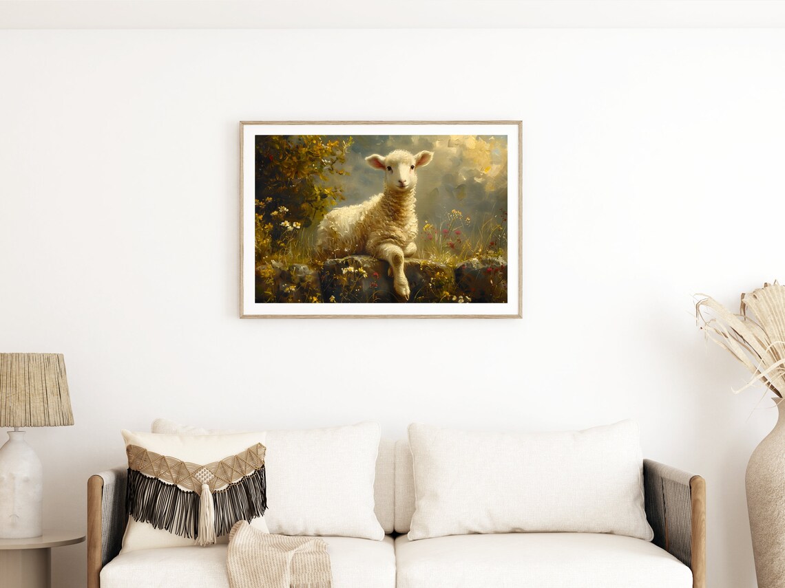 Vintage Lamb Resting in Wildflower Meadow Golden Oil Painting Poster - Image 2