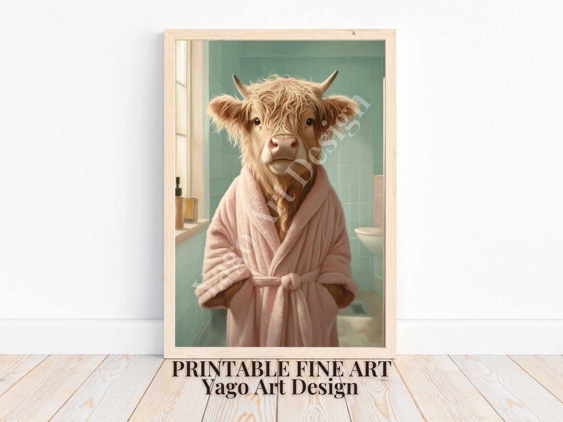 Highland Cow in Pink Bathrobe Poster Cute Pastel Bathroom Decor