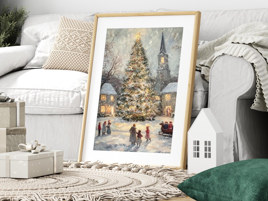 Vintage Christmas Tree Wall Art Vintage Christmas Print Cozy Winter Village Art Seasonal Painting Art Charming Snow Covered Village - Image 3