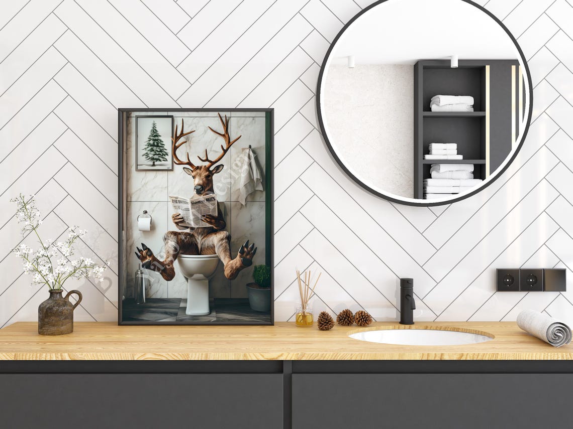 Funny Reindeer Reading Newspaper on Toilet Christmas Bathroom Poster - Image 2