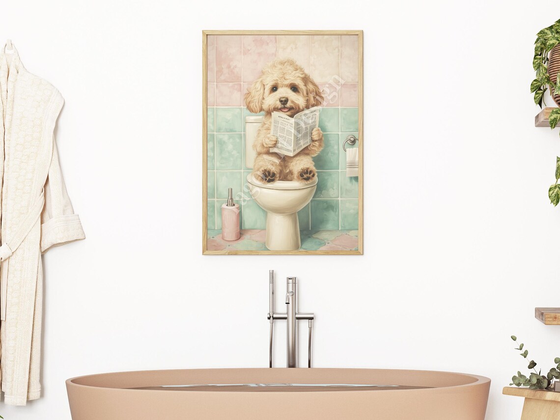 Goldendoodle Puppy Reading Newspaper on Toilet Pastel Bathroom Poster - Image 2