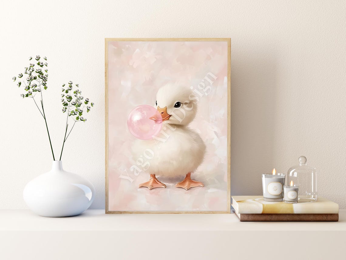 Fluffy Duckling Blowing Pink Bubblegum Bubble Cute Nursery Poster - Image 3