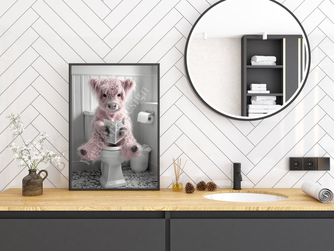 Highland Cow Sitting On Toilet Pink Highland Calf Bathroom Decor Cute Pink Bathroom Print Animal On Toilet Poster Whimsy Animal Art - Image 2
