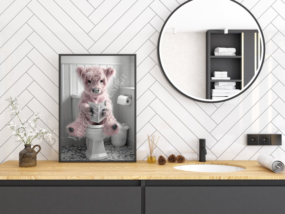 Pink Fluffy Highland Calf Reading Book on Toilet Bathroom Poster - Image 2