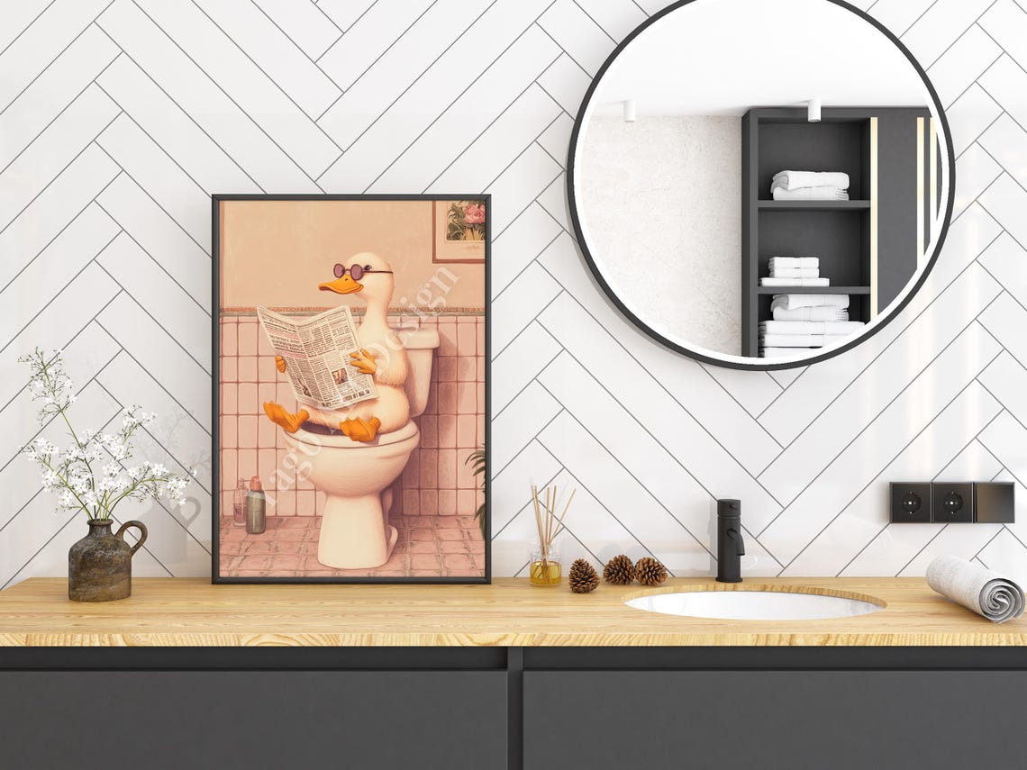 Duck Wearing Pink Sunglasses Reading Newspaper Funny Bathroom Poster - Image 3