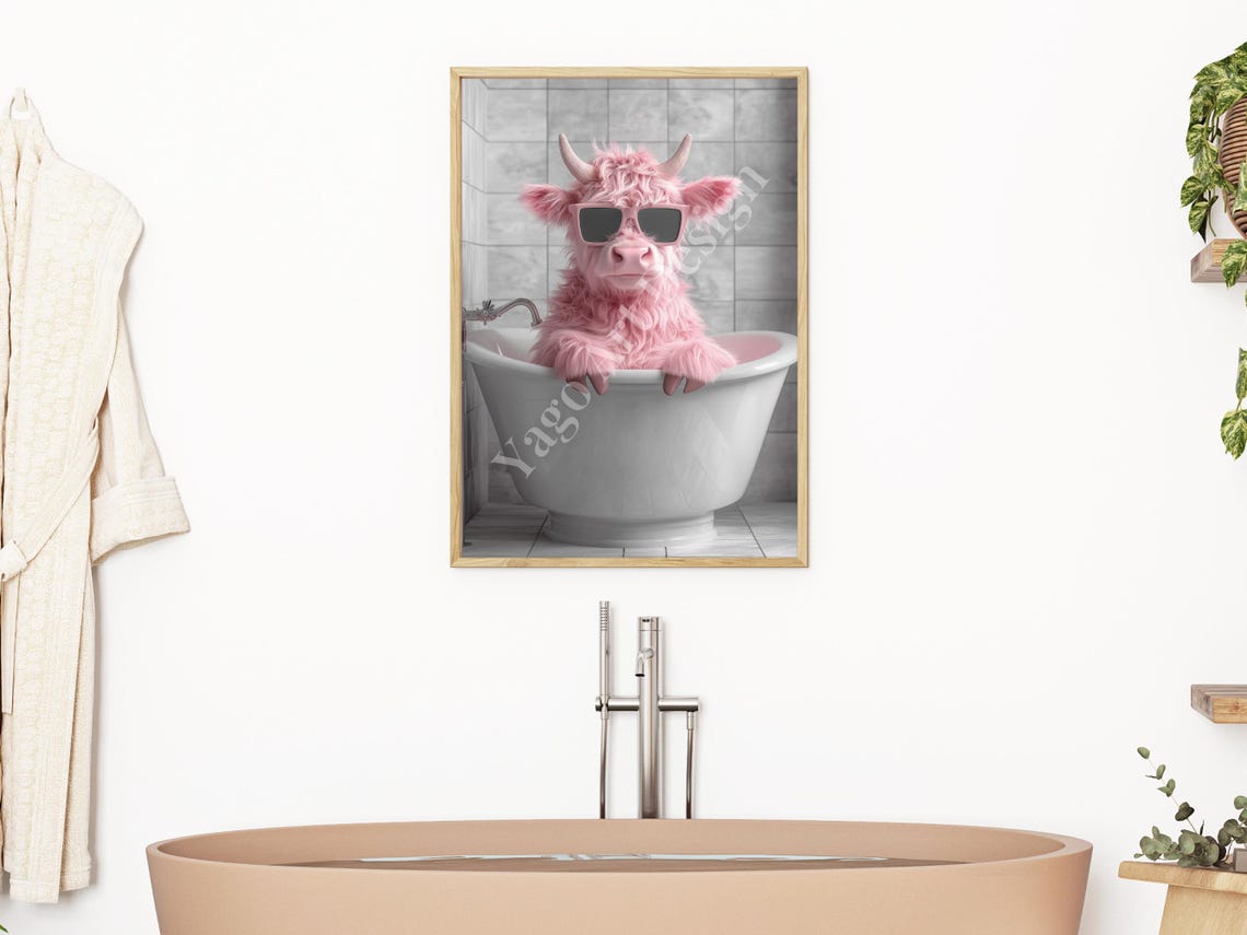 Pink Highland Cow with Sunglasses in Bathtub Poster Cool Decor - Image 2
