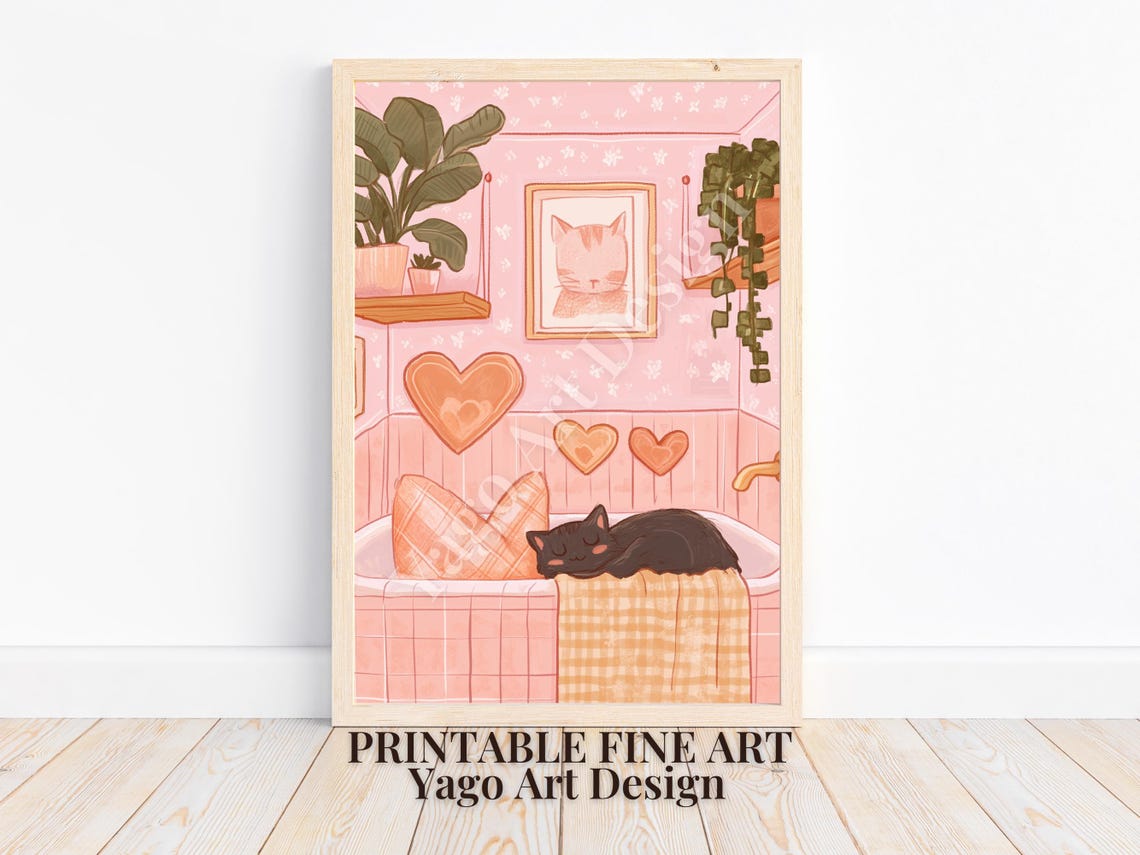 Sleeping Black Cat Pink Bathtub Valentine Cartoon Bathroom Poster - Image 4