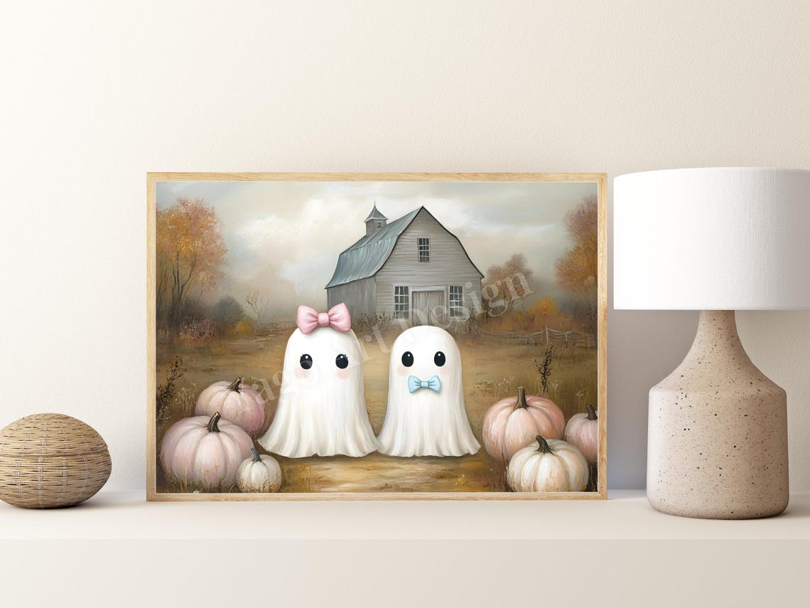 Cute Ghost Couple with Pumpkins at Old Barn Sweet Halloween Poster - Image 3