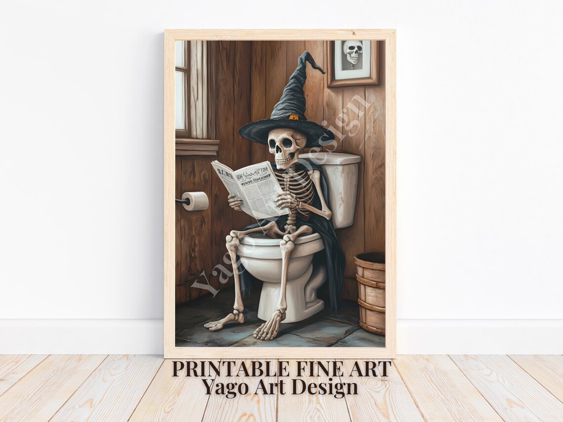 Cute Skeleton On Toilet Halloween Bathroom Art Print