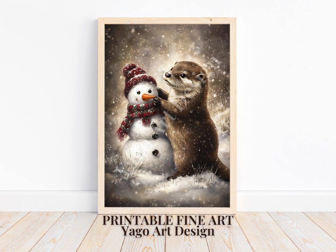 Otter with Snowman in Falling Snow Poster Cute Winter Scene Art