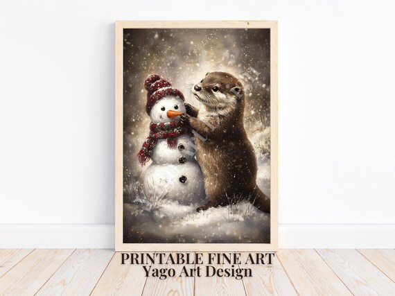 Otter with Snowman in Falling Snow Poster Cute Winter Scene Art