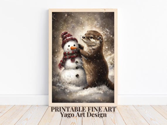 Snowman Otter Art Print Cute Winter Decor Oil Painting Rustic Winter Season Art Cute Otter Decor Vintage Holiday Art Print