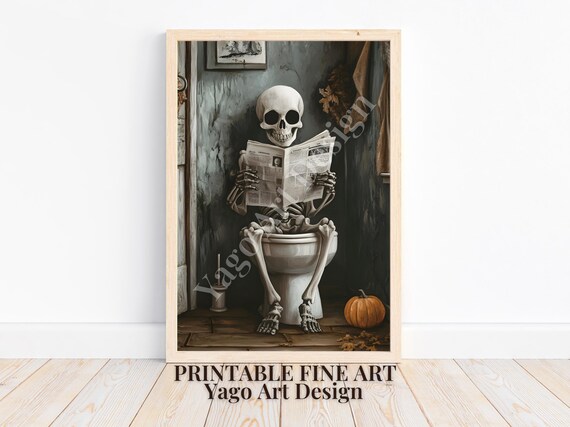 Skeleton Reading Newspaper on Toilet Halloween Bathroom Art Poster