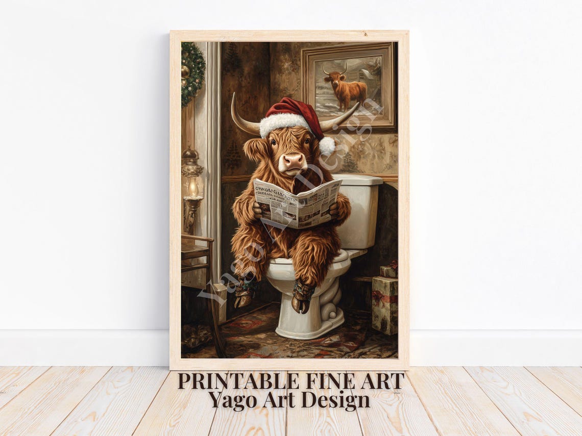 Highland Cow With Santa Hat Wall Art Cow On Toilet Victorian Era Painting Funny Bathroom Print Animal On Toilet Whimsy Animal Decor