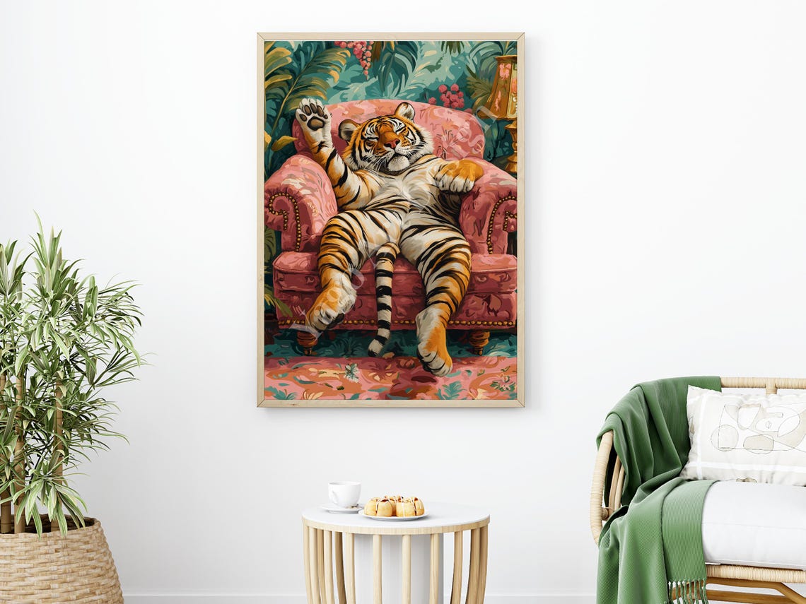 Tiger Lounging on Pink Armchair Poster Maximalist Jungle Decor - Image 2