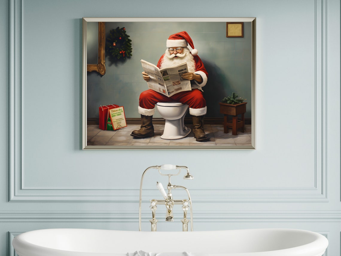 Santa Claus on Toilet Reading Newspaper Funny Bathroom Poster - Image 3
