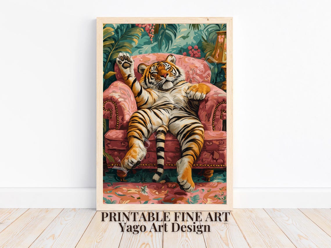 Tiger Lounging on Pink Armchair Poster Maximalist Jungle Decor