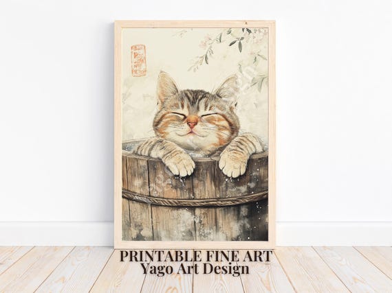 Tabby Cat In Bathtub Wall Art Print Japanese Bathroom Decor Vintage Japan Art Print Aesthetic Decor Cute Cat Neutral Minimalist Poster