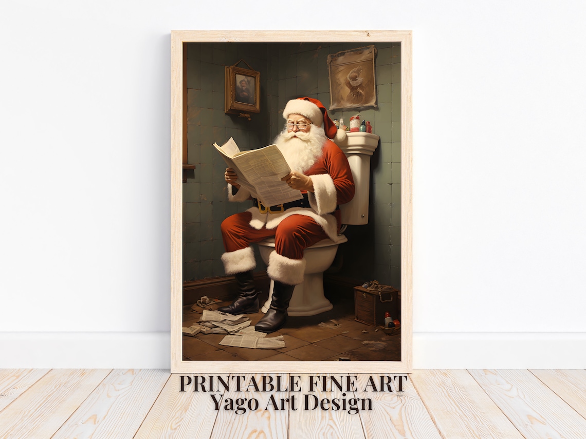 Santa Sitting on the Toilet Reading a Newspaper Print