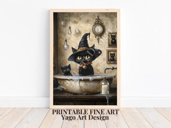 Black Cats In Bathtub Art Print Cute Bubblebath Print Spooky Whimsical Halloween Wall Art Victorian Painting Vintage Bathroom Decor