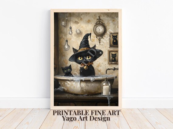 Black Cats in Vintage Bathtub Witch Hat Cute Halloween Art Poster