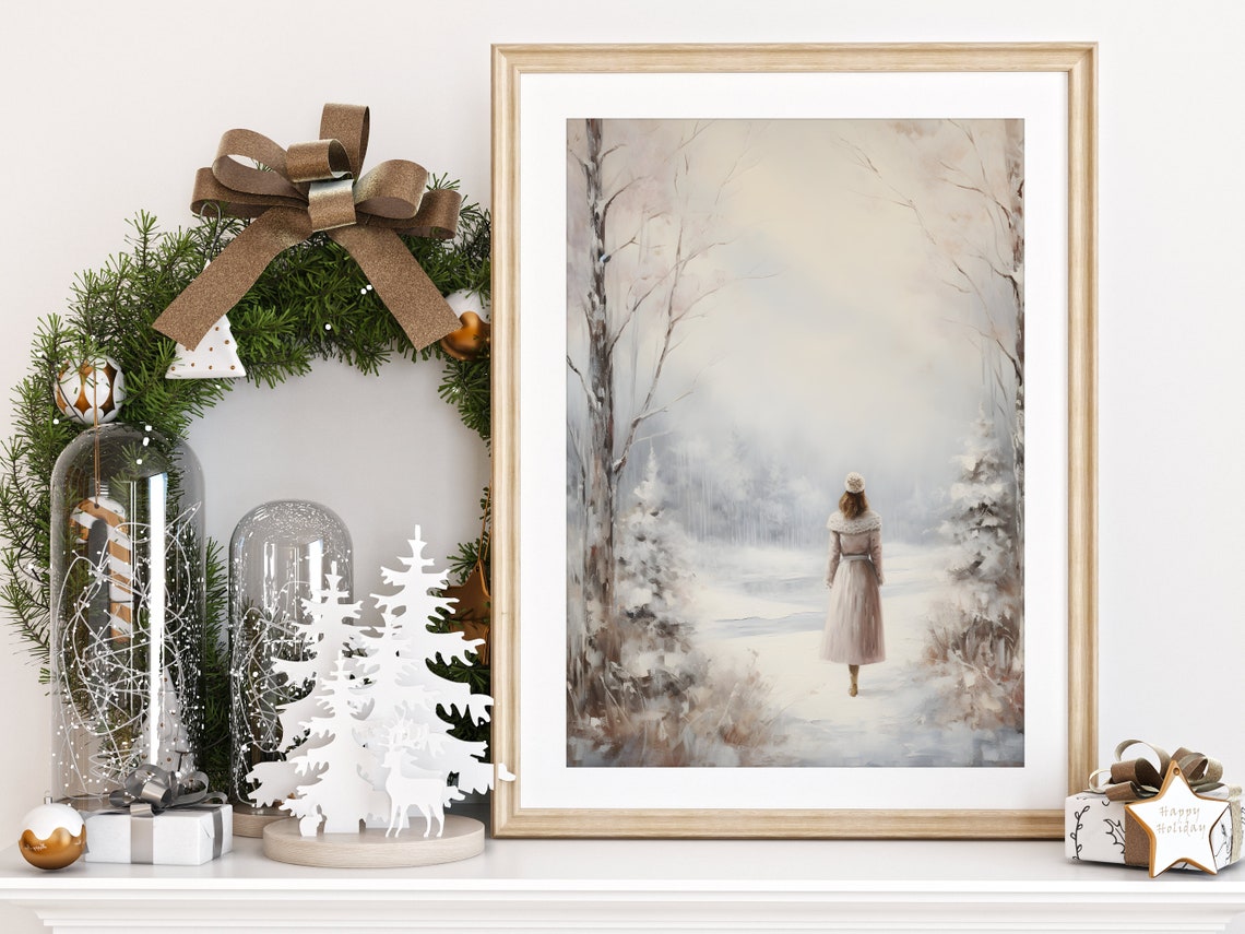 Woman Walking Down Snowy Path Soft Winter Landscape Art Poster - Image 2