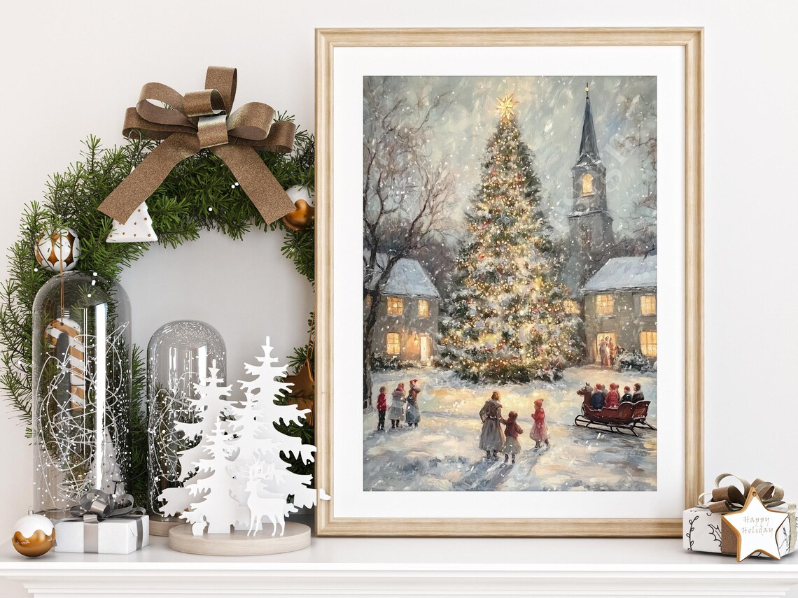 Vintage Christmas Tree Wall Art Vintage Christmas Print Cozy Winter Village Art Seasonal Painting Art Charming Snow Covered Village - Image 2