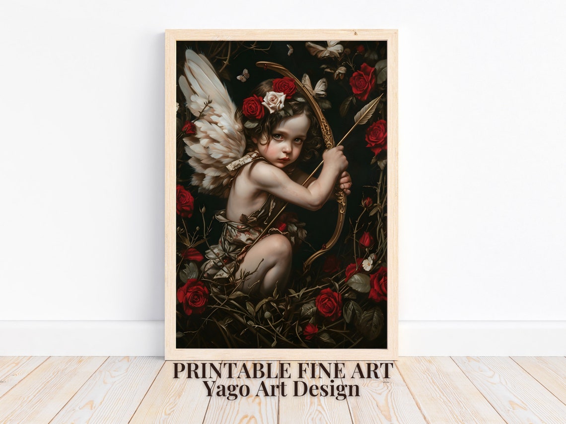 Cupid With Bow And Arrow Red Roses Dark Romantic Valentine Poster