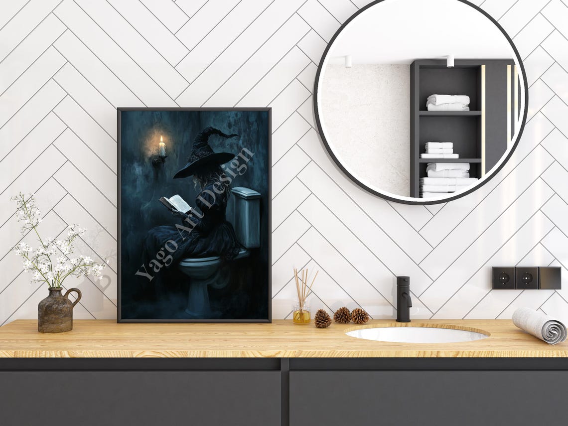 Spooky Witch Reading Book on Toilet Dark Halloween Art Poster - Image 3