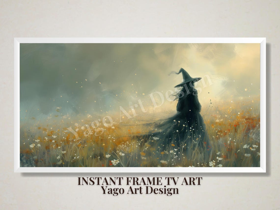 Lone Witch Wildflower Meadow Misty Morning Whimsical Wall Art - Image 2