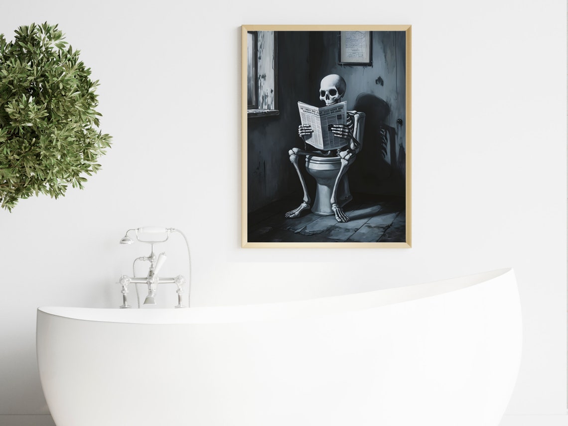 Skeleton On Toilet Reading Newspaper Dark Funny Halloween Print - Image 4