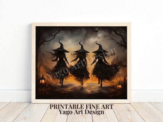 Three Witches Dancing Forest Lanterns Spooky Halloween Poster