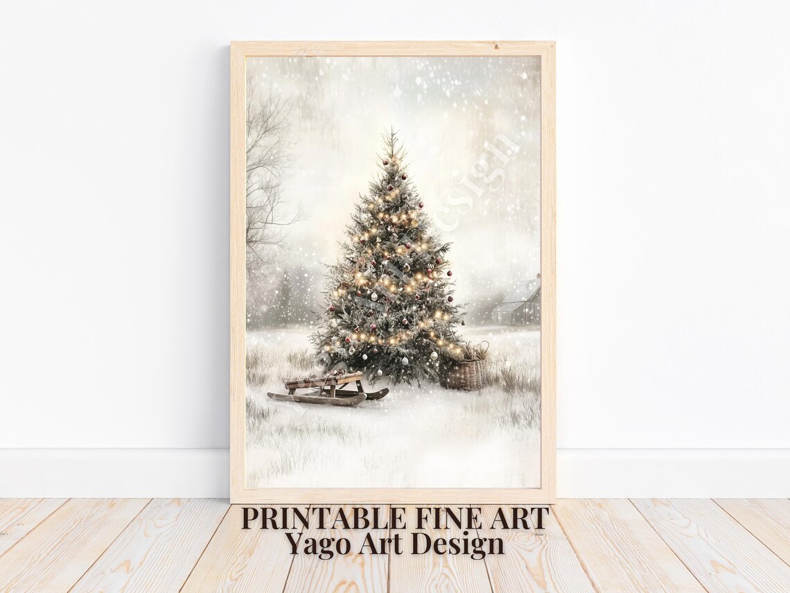 Decorated Christmas Tree in Snowy Field Vintage Winter Art Poster