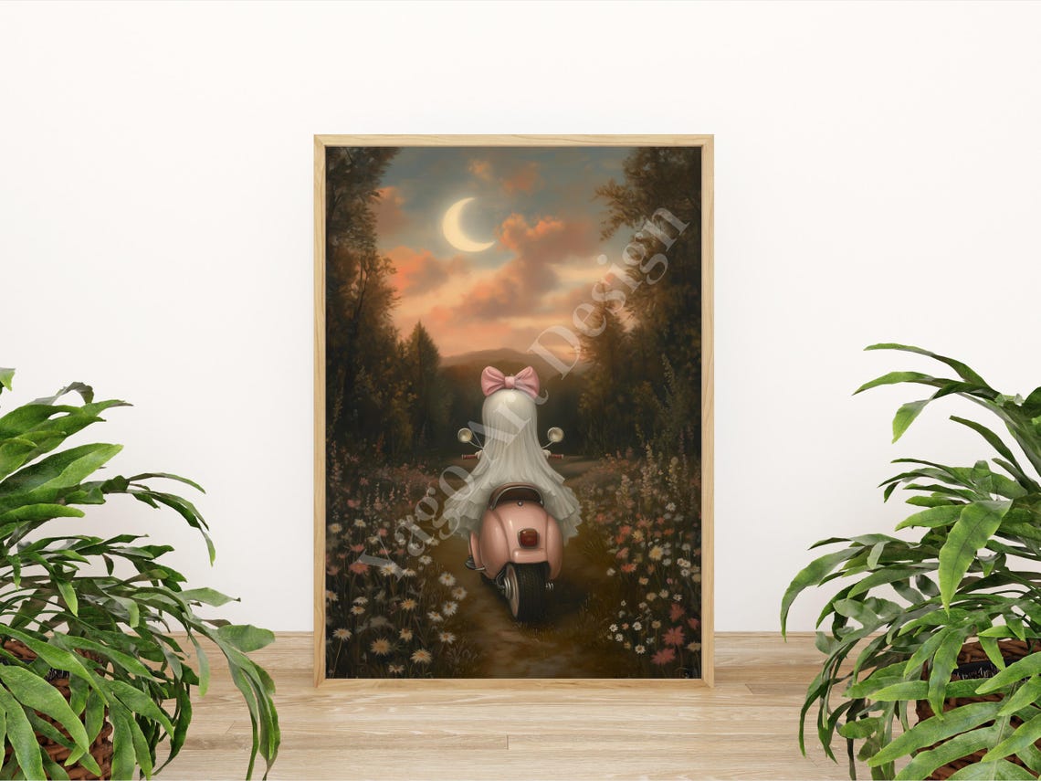 Cute Ghost with Pink Bow Riding Scooter on Forest Path Art Poster - Image 2