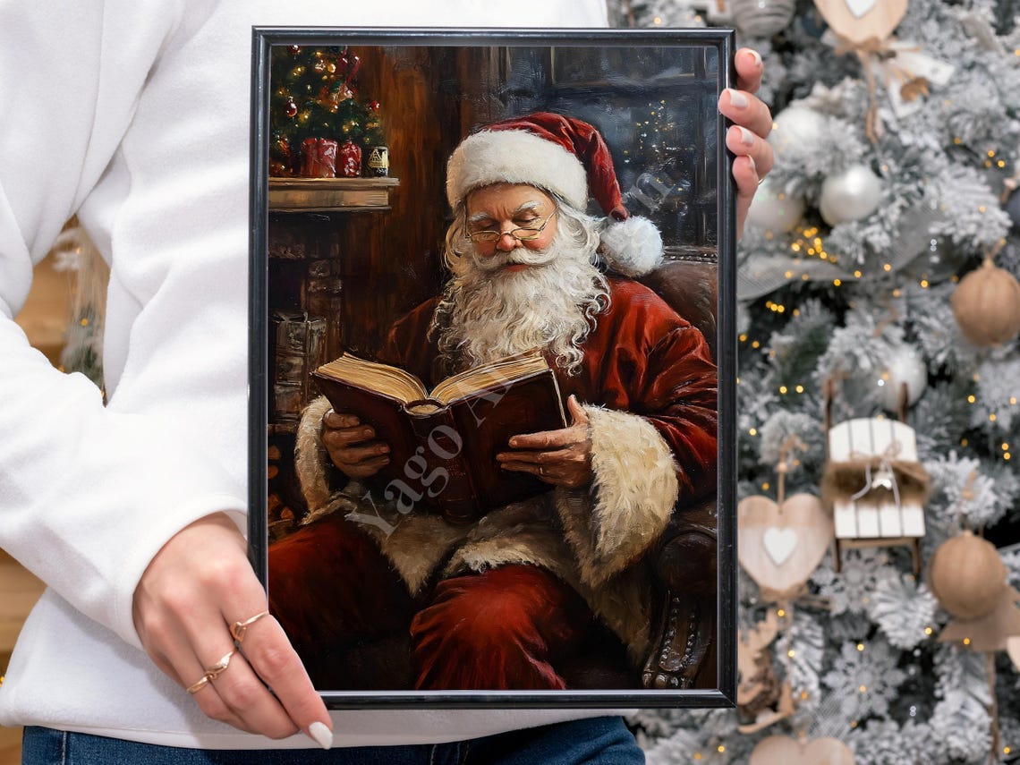 Vintage Santa Reading Book by Fireplace Cozy Christmas Art Poster - Image 4