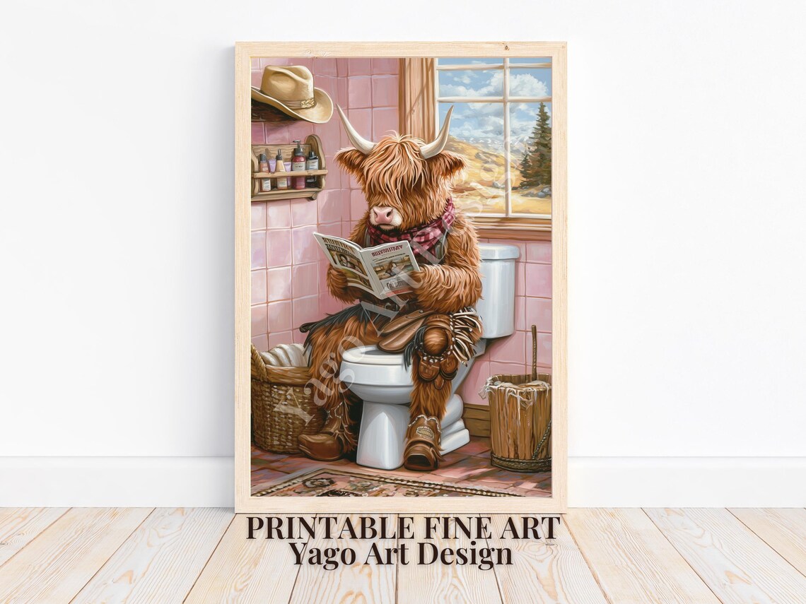 Cowboy Highland Cow On Toilet Reading Newspaper Funny Poster