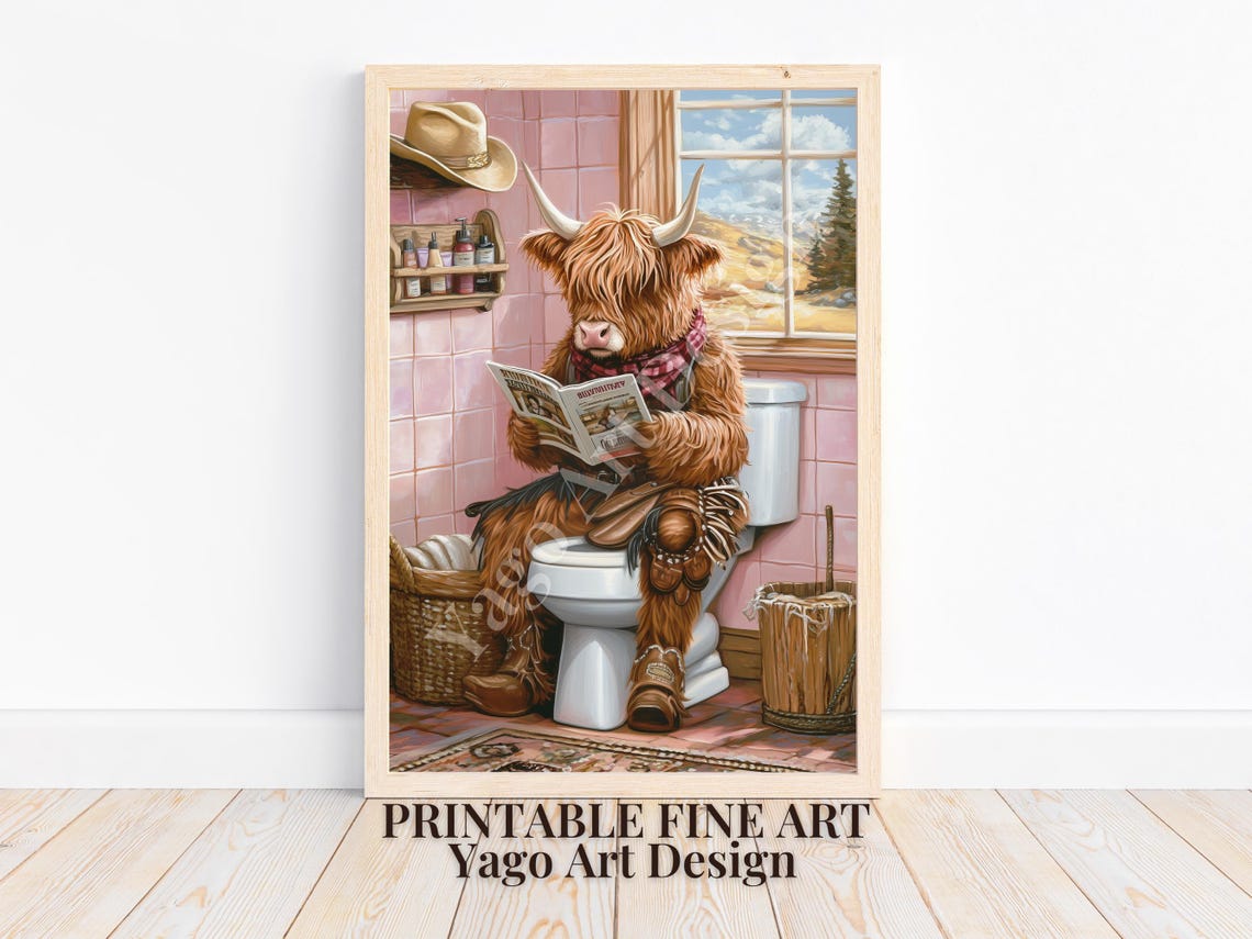 Cowgirl Highland Cow Sitting On Toilet Art Print Rustic Farmhouse Bathroom Decor Trendy Preppy Pink Toilet Poster Cute Western Cowgirl
