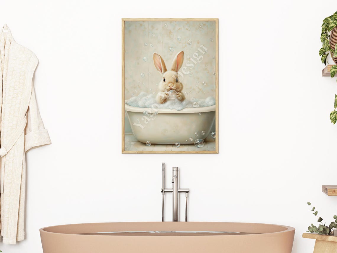 Easter Bunny In Bathtub Wall Art Print Rabbit In Bathroom Wall Decor Bathroom Animal Art Prints Funny Bathroom Decor Cute - Image 2
