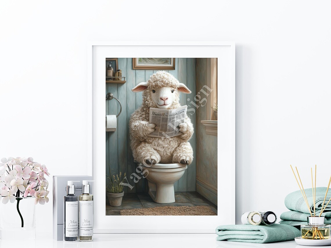 Lamb Reading Newspaper on Toilet Poster Funny Farmhouse Bathroom - Image 4