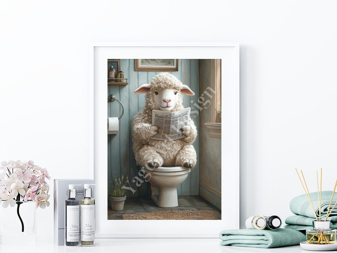 Lamb Sitting On Toilet Art Print Funny Bathroom Print Animal On Toilet Poster Whimsy Animal Decor Modern Fine Animal On Toilet Painting - Image 4