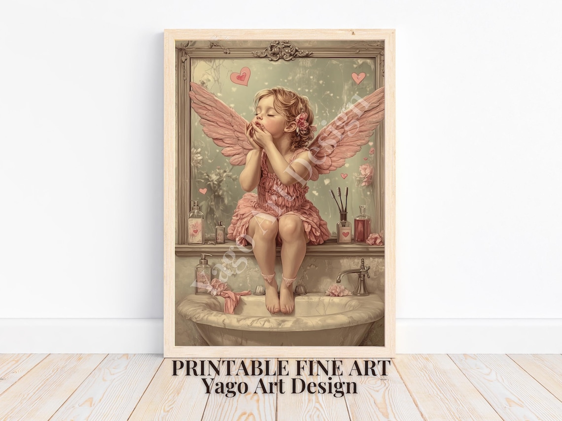 Pink Angel Girl Blowing Kisses Vintage Vanity Bathroom Poster - Image 4