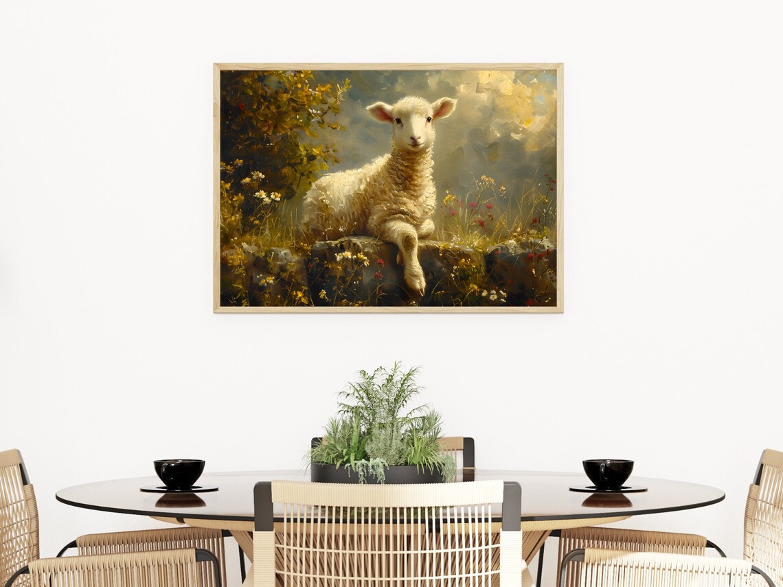 Vintage Lamb Resting in Wildflower Meadow Golden Oil Painting Poster - Image 4