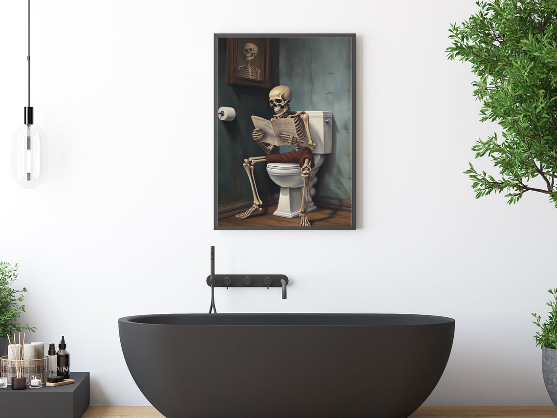 Skeleton on Toilet Reading Newspaper Funny Gothic Bathroom Poster - Image 3