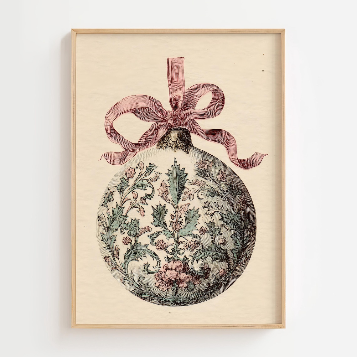 Vintage Christmas Ornament Pink Ribbon Botanical Bauble Illustration Poster